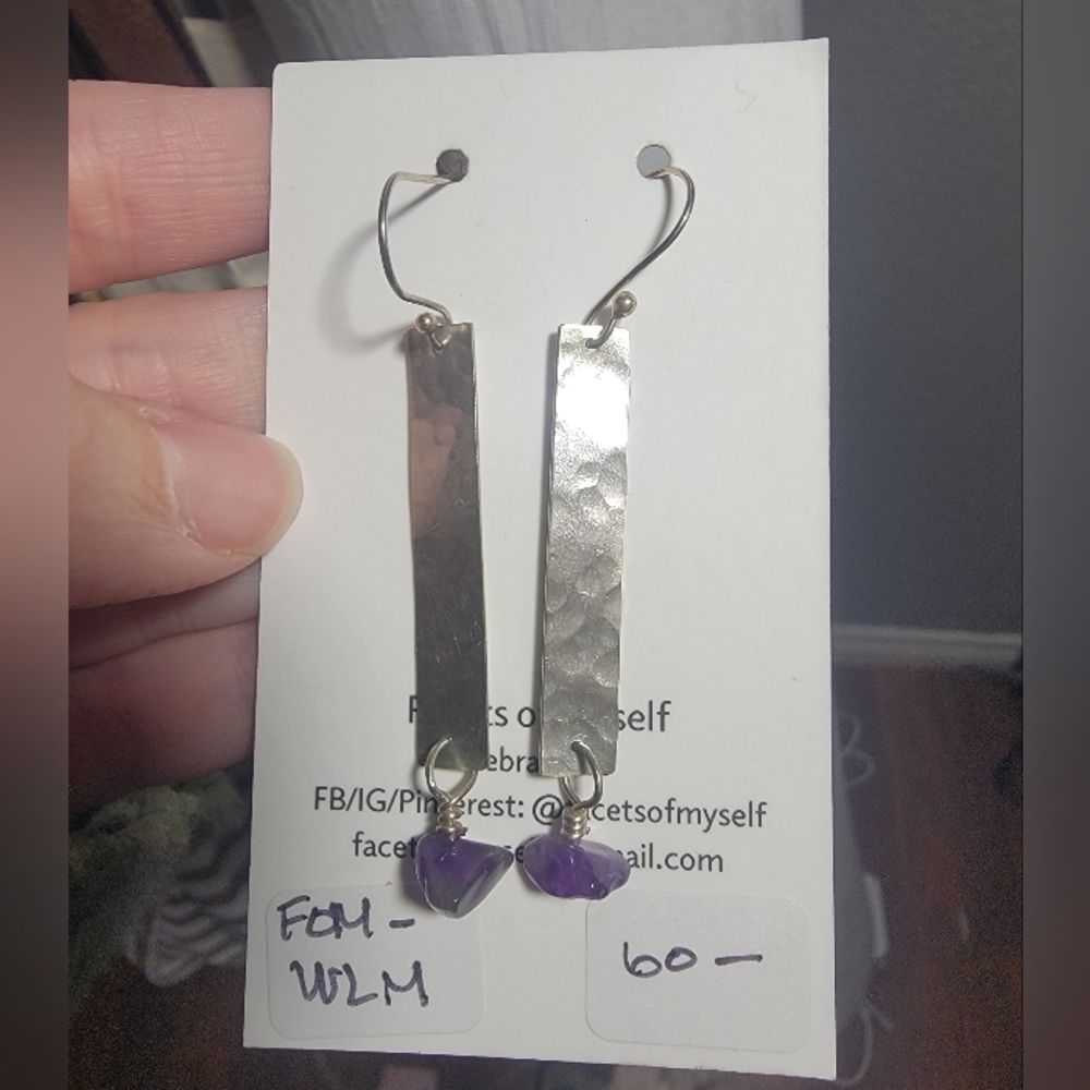 Minimalist Amethyst Hammered Silver Drop Earrings with Stone Accent NEW